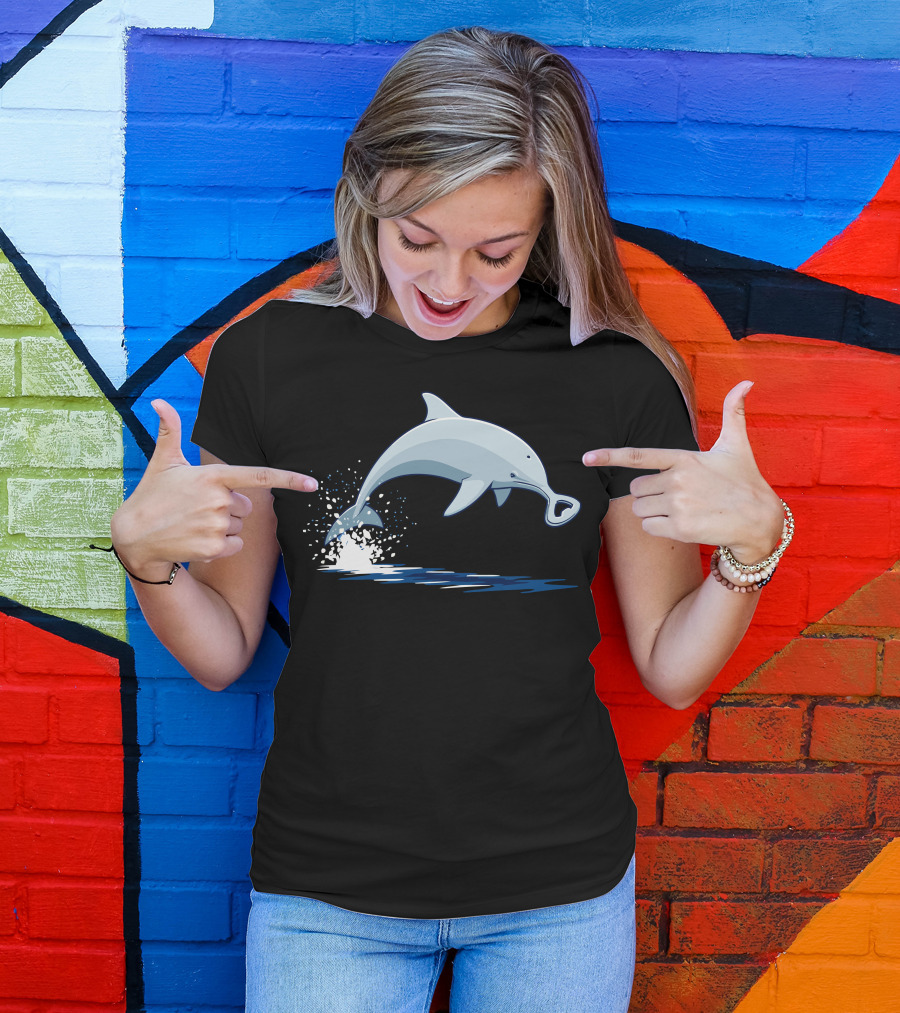 Dolphin Jumping With Bottle Opener Nose Splashing Water T-Shirt