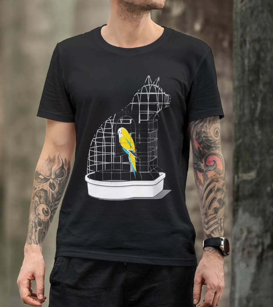 Captive Cat-Shaped Birdcage With Yellow Parrot T-Shirt
