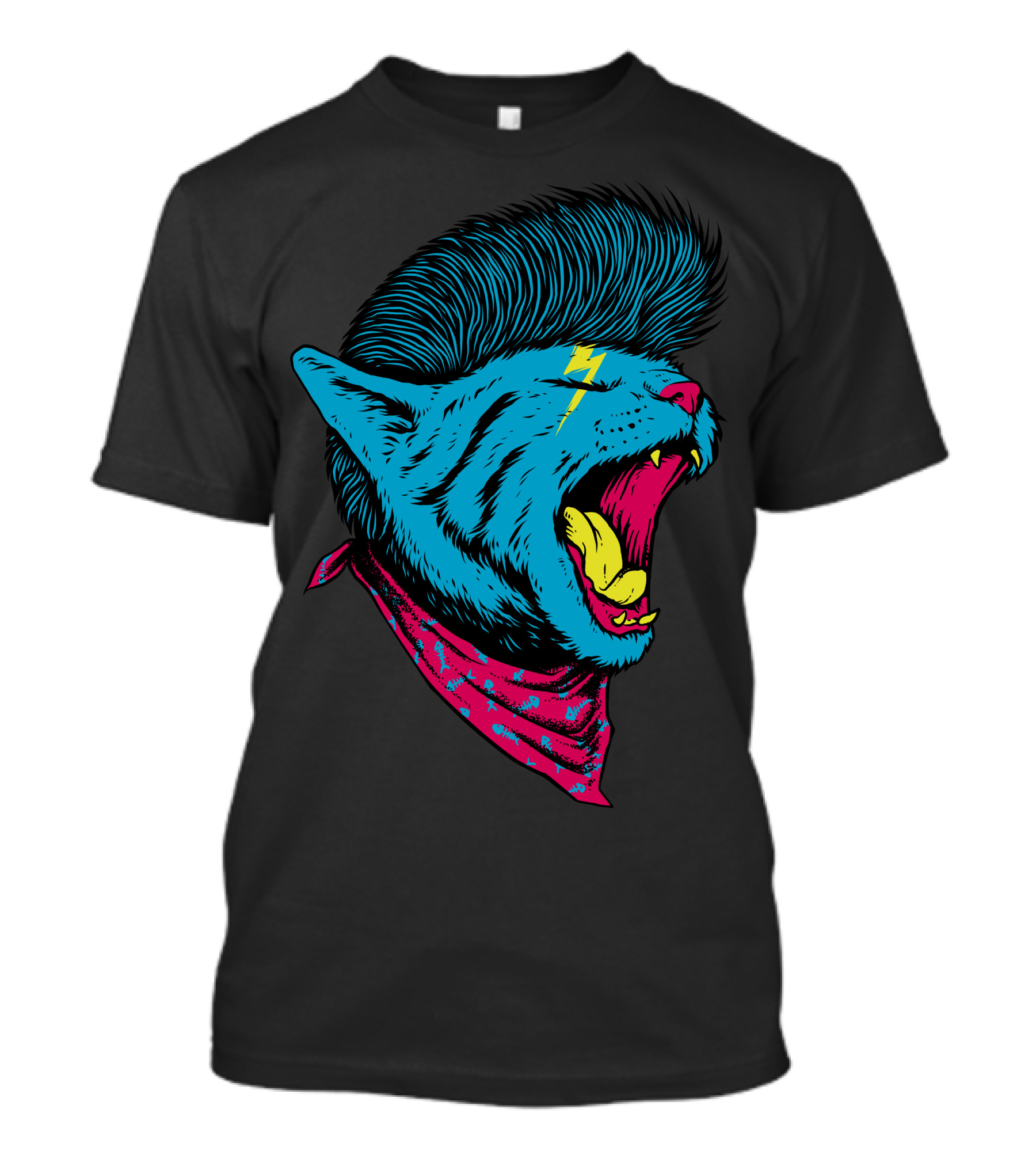 Cat Punk Roaring Blue With Lightning Bolt Mohawk And Red Bandana T-Shirt