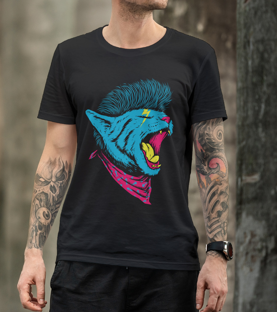 Cat Punk Roaring Blue With Lightning Bolt Mohawk And Red Bandana T-Shirt