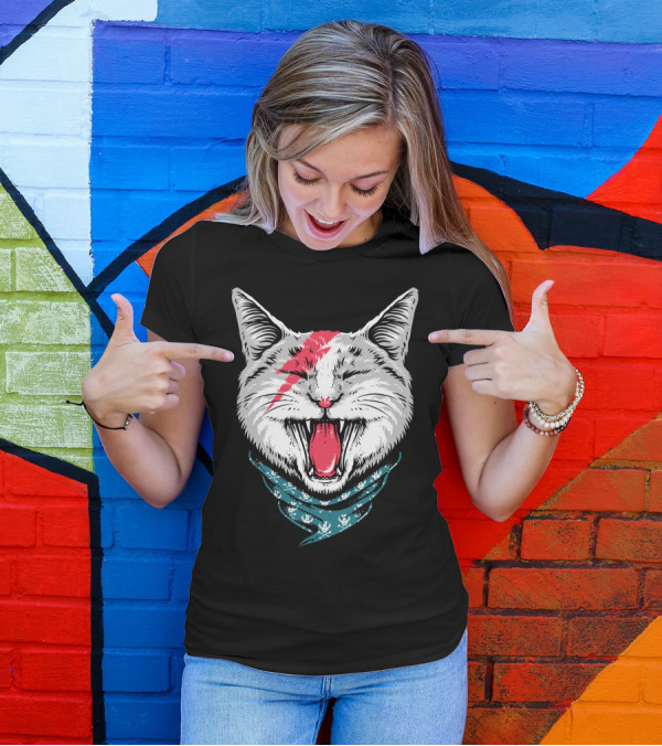 Cat Rock Ziggy Stardust Lightning Bolt Bandana Yawning Cat T-Shirt