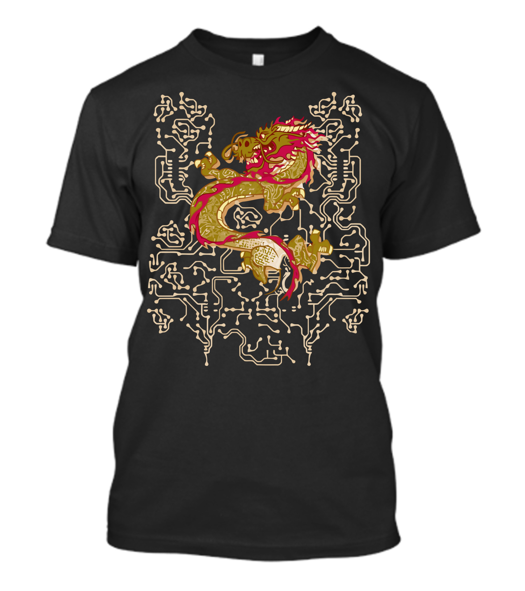 Circuitry Serpent Dragon In Tech Gold And Red Maze T-Shirt