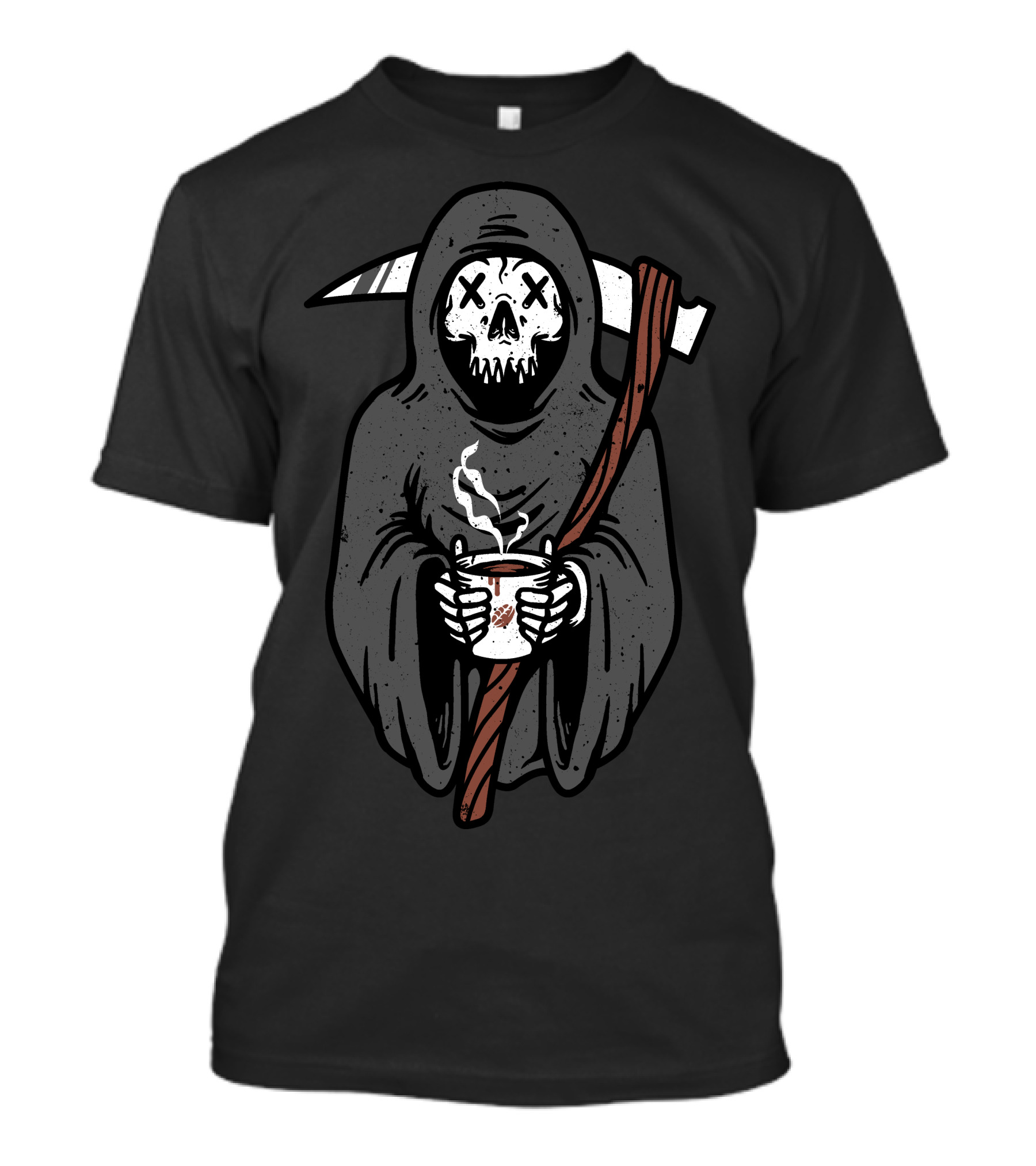 Coffee Reaper Grim Skull With Scythe And Steaming Mug T-Shirt