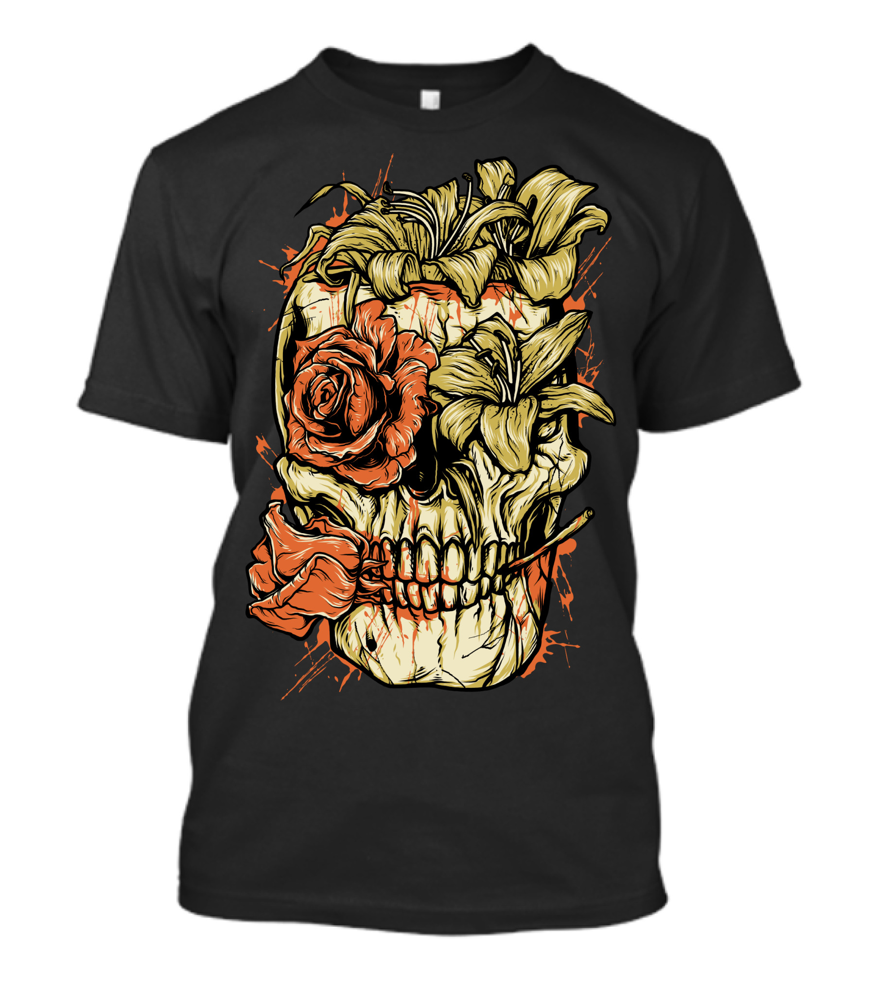 Death Flower Skull With Roses And Lilies T-Shirt