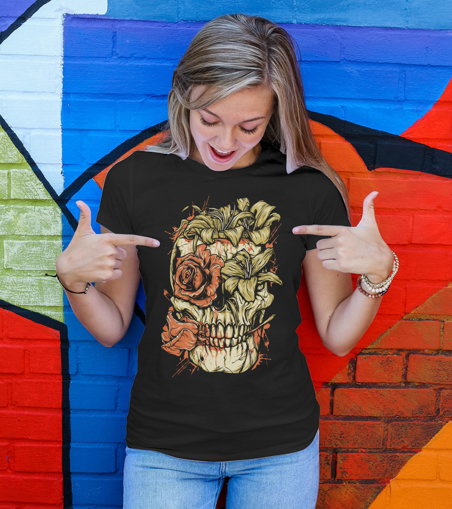 Death Flower Skull With Roses And Lilies T-Shirt