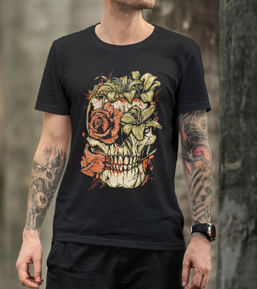 Death Flower Skull With Roses And Lilies T-Shirt