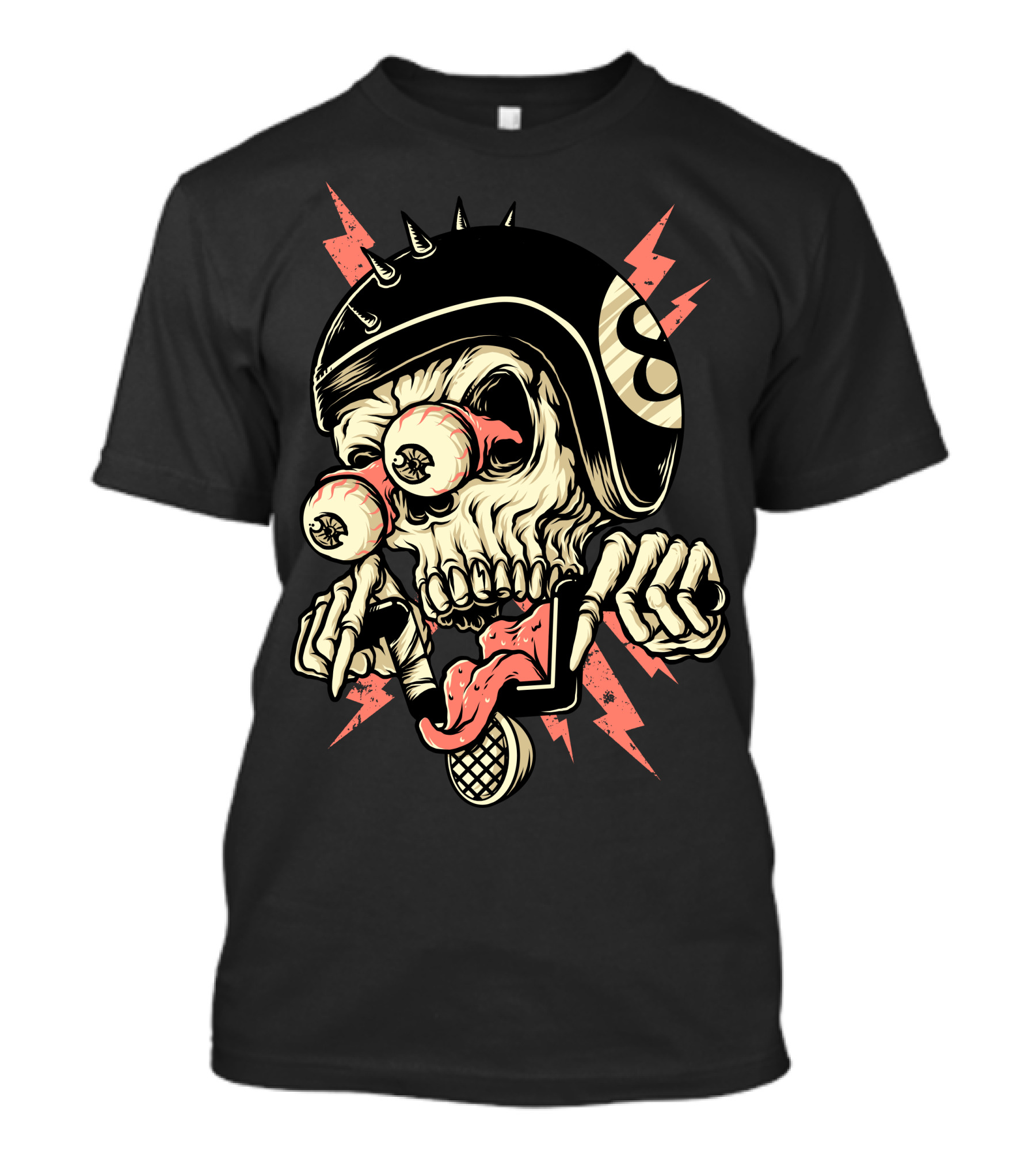 Freaky Biker Skull With Spiked Helmet And Lightning Bolts T-Shirt