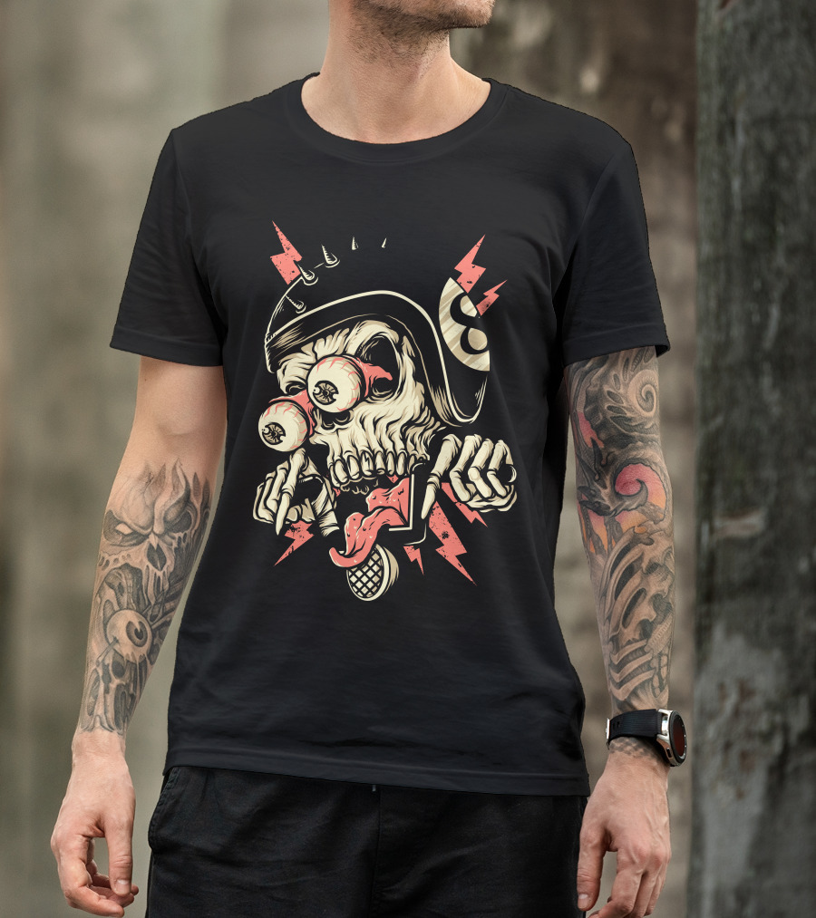Freaky Biker Skull With Spiked Helmet And Lightning Bolts T-Shirt