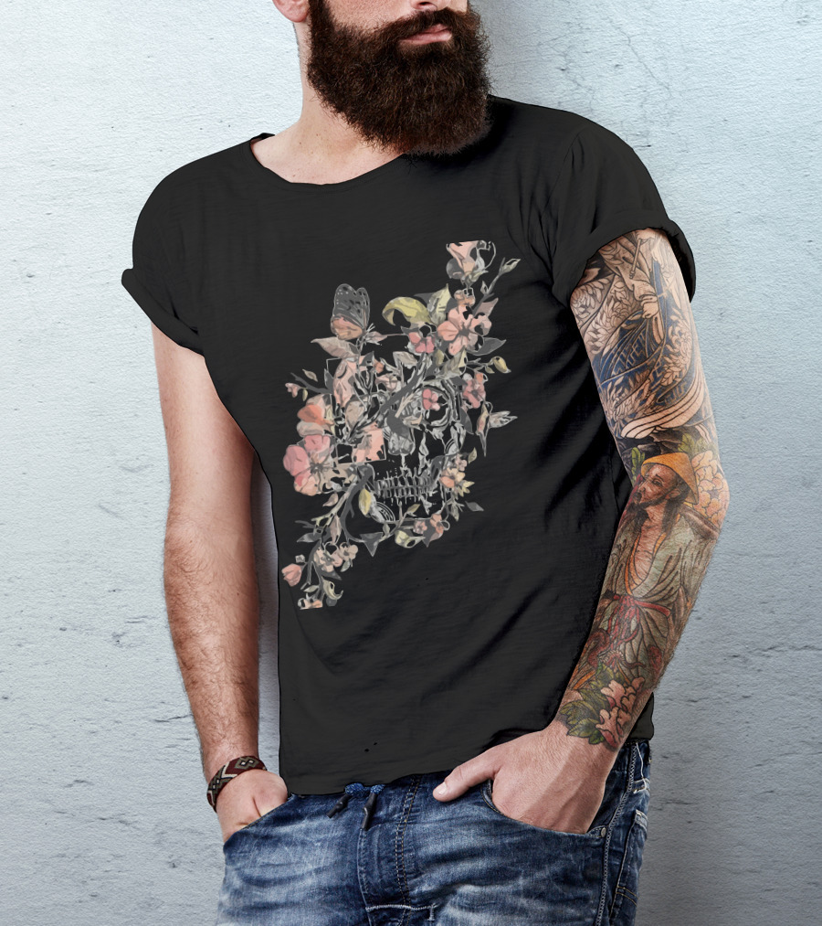 La Dolce Vita Skull With Floral And Butterfly Elements T-Shirt