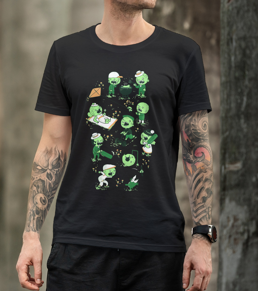 Lawn Of The Dead Zombie Lawn Activities With Green Cartoon Characters T-Shirt