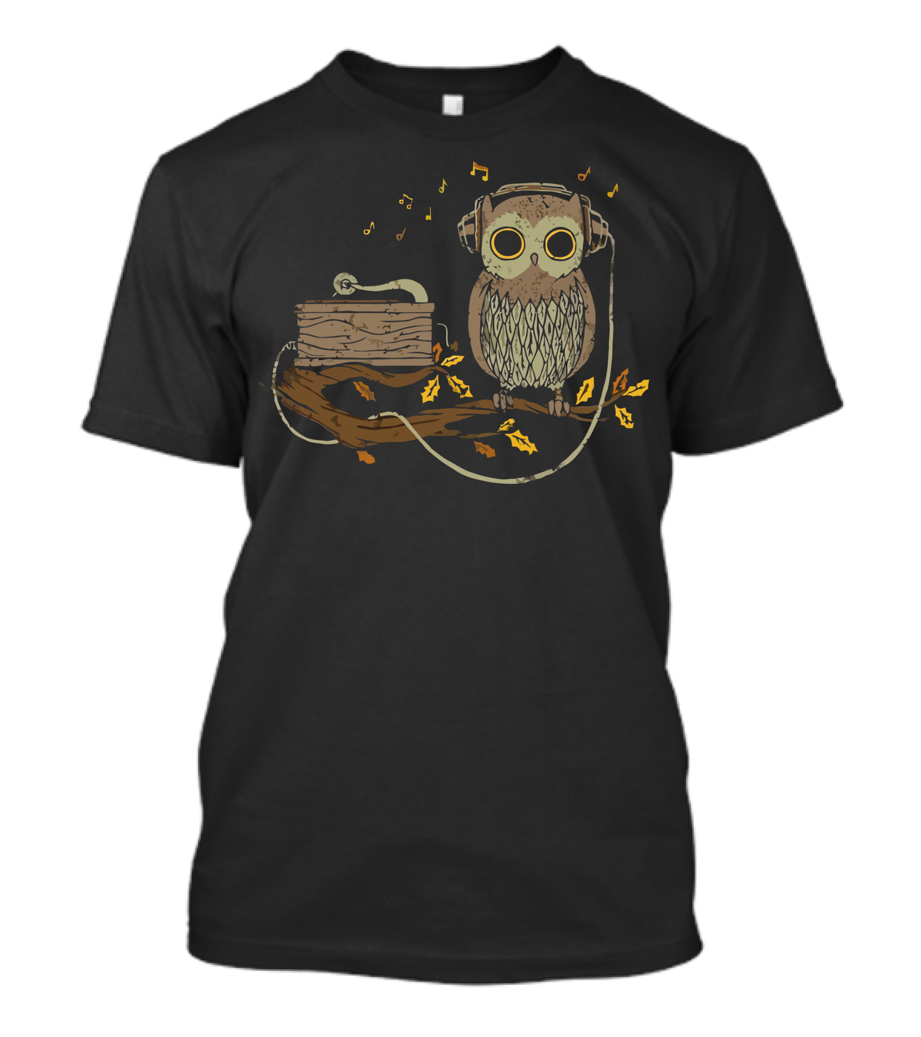 Listening Owl Headphones Music Record Player Leaves T-Shirt