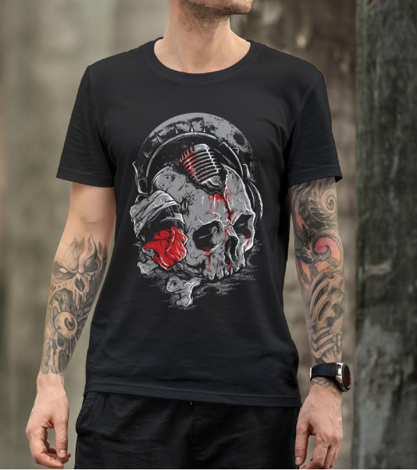 Rock Skull Headphones Rose Mic Music Until The End T-Shirt