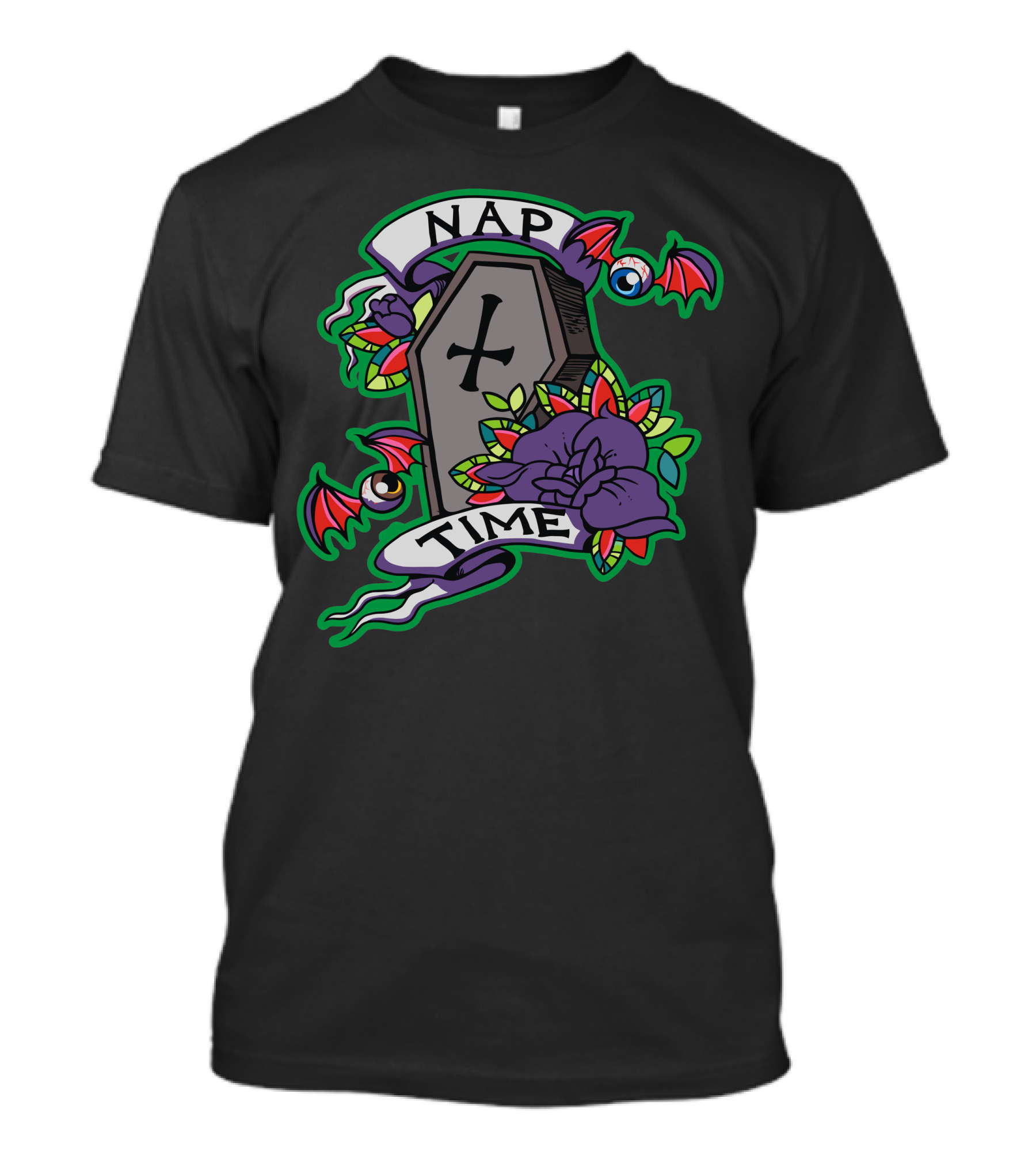 NAP TIME Coffin With Bat Wings And Purple Roses T-Shirt