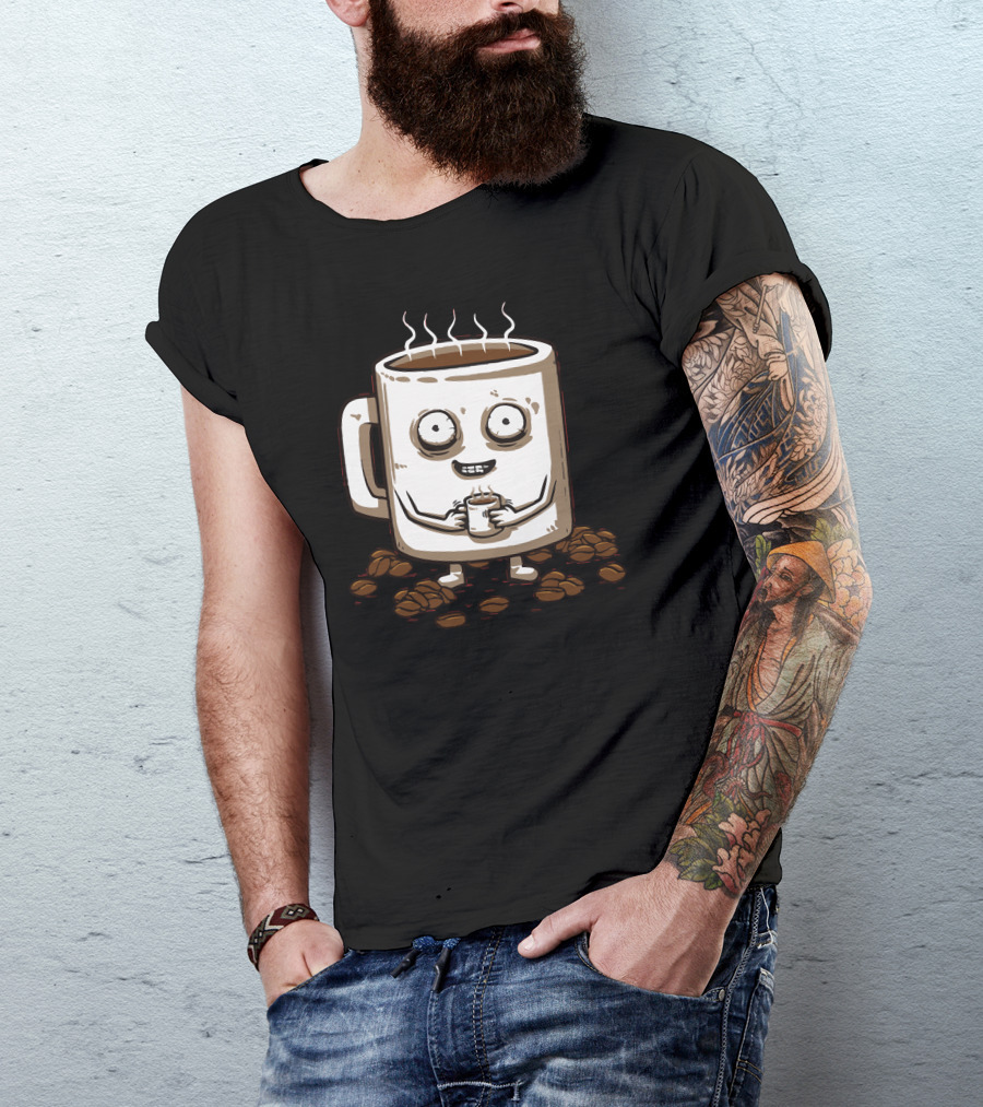 Never Tired Coffee Mug Character Surrounded By Coffee Beans T-Shirt