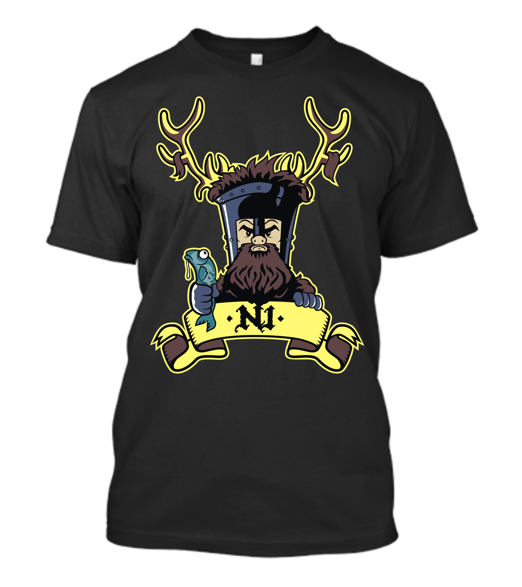 Knight With Antlers And Fish Holding Banner 'Ni' T-Shirt