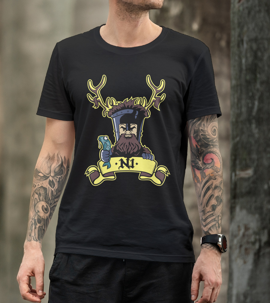 Knight With Antlers And Fish Holding Banner 'Ni' T-Shirt