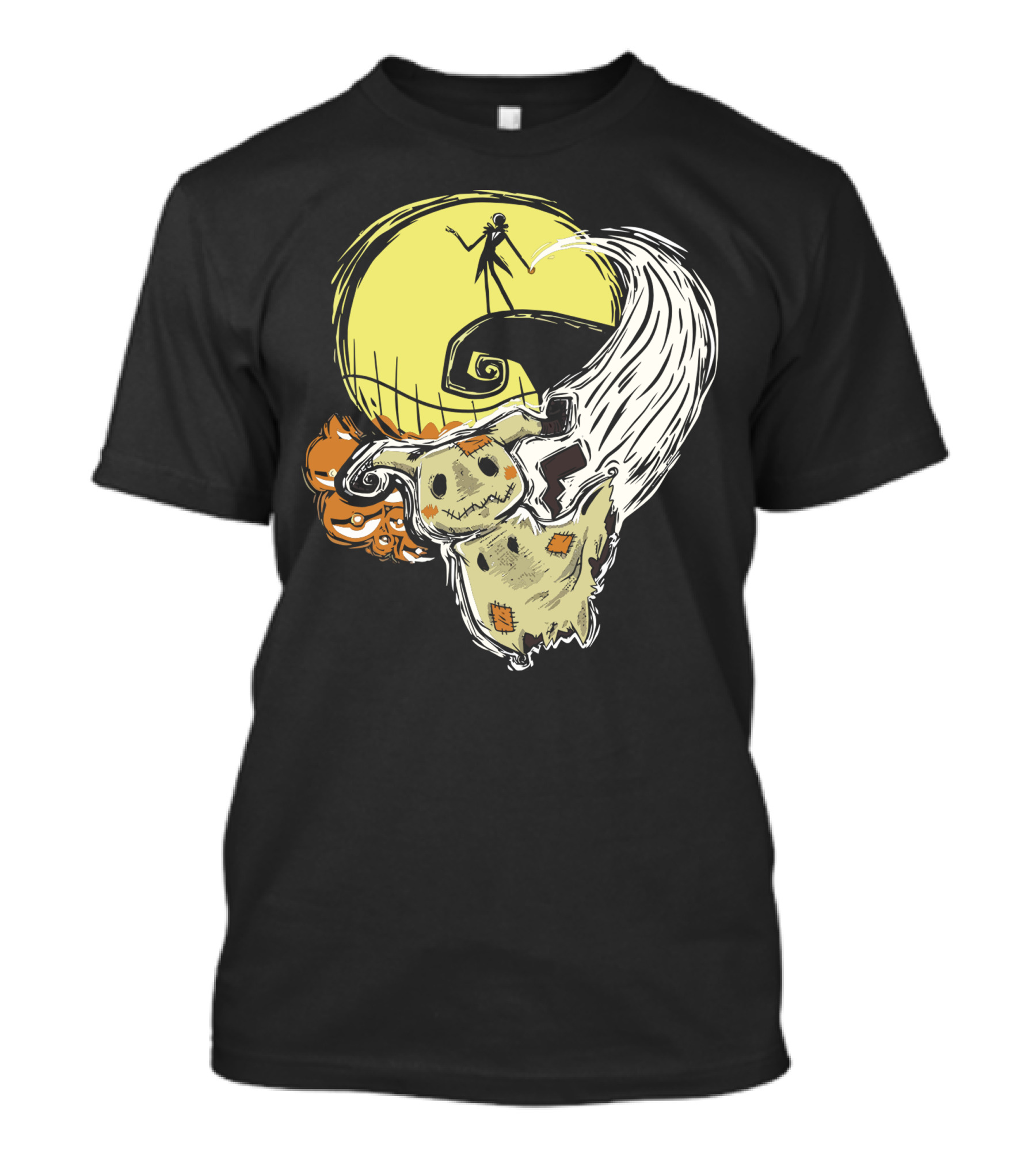 Nightmare Before Mimikyu Crossover Halloween Scene With Pumpkin And Crescent Moon T-Shirt