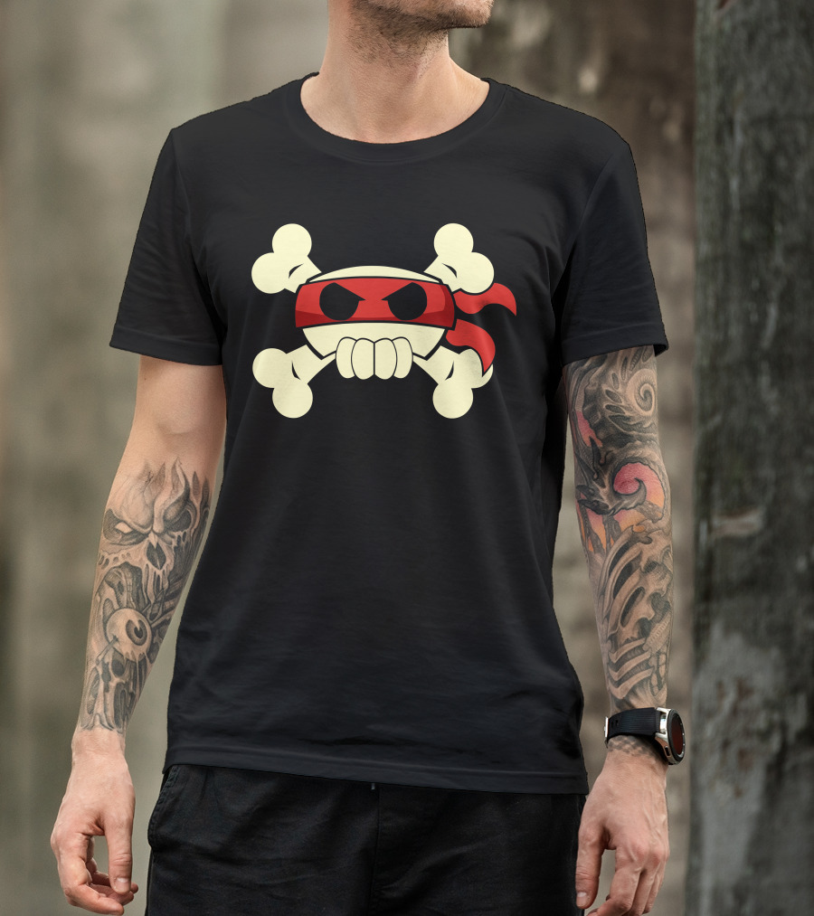 Ninja Pirate Skull Crossbones With Red Bandana T-Shirt