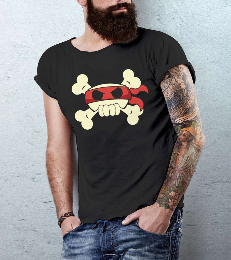 Ninja Pirate Skull Crossbones With Red Bandana T-Shirt