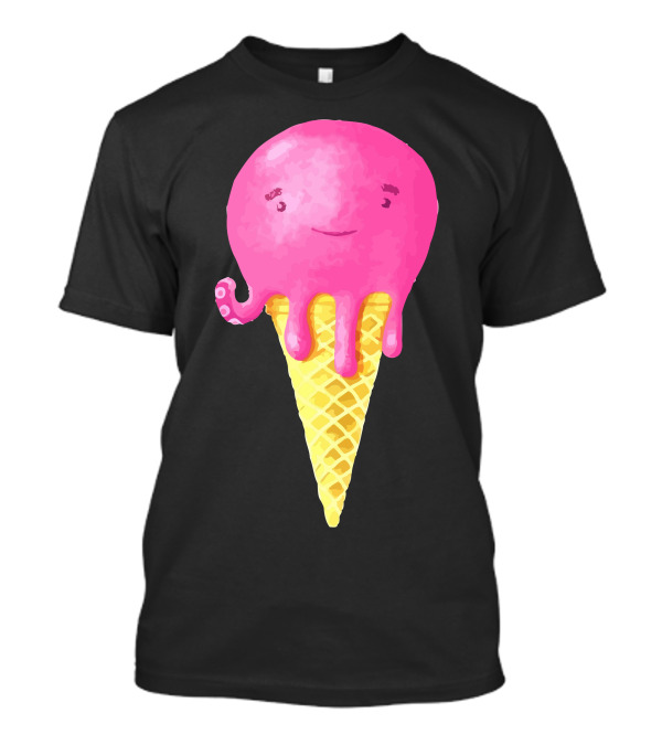 Octopus Ice Cream Cone Pink Smiling Head Waffle Cone T-Shirt
