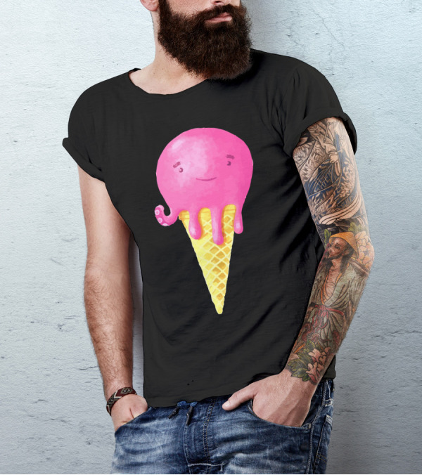 Octopus Ice Cream Cone Pink Smiling Head Waffle Cone T-Shirt