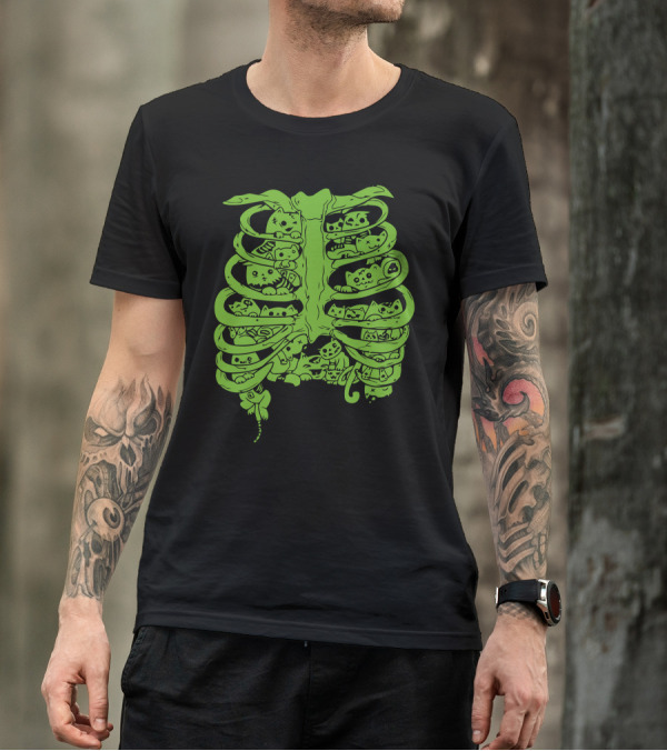 Ooozing Kittehs Skeleton Ribcage Cats Green T-Shirt