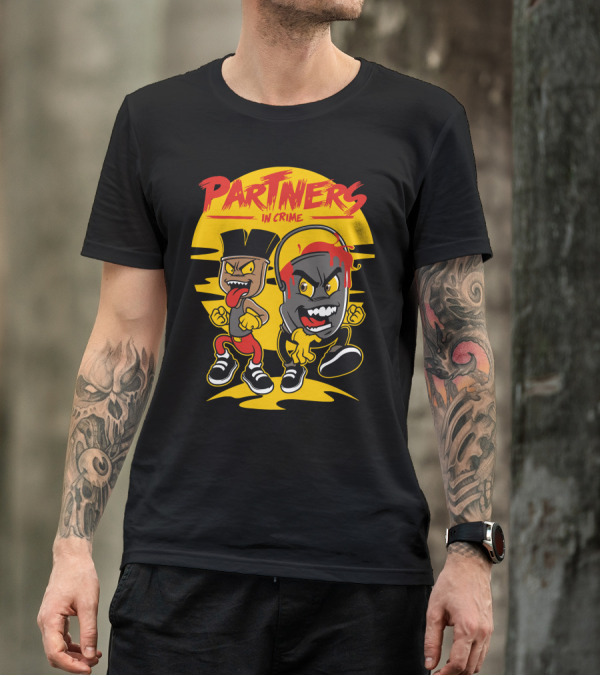 Partners In Crime Cartoon Characters With Headphones And Moustache T-Shirt