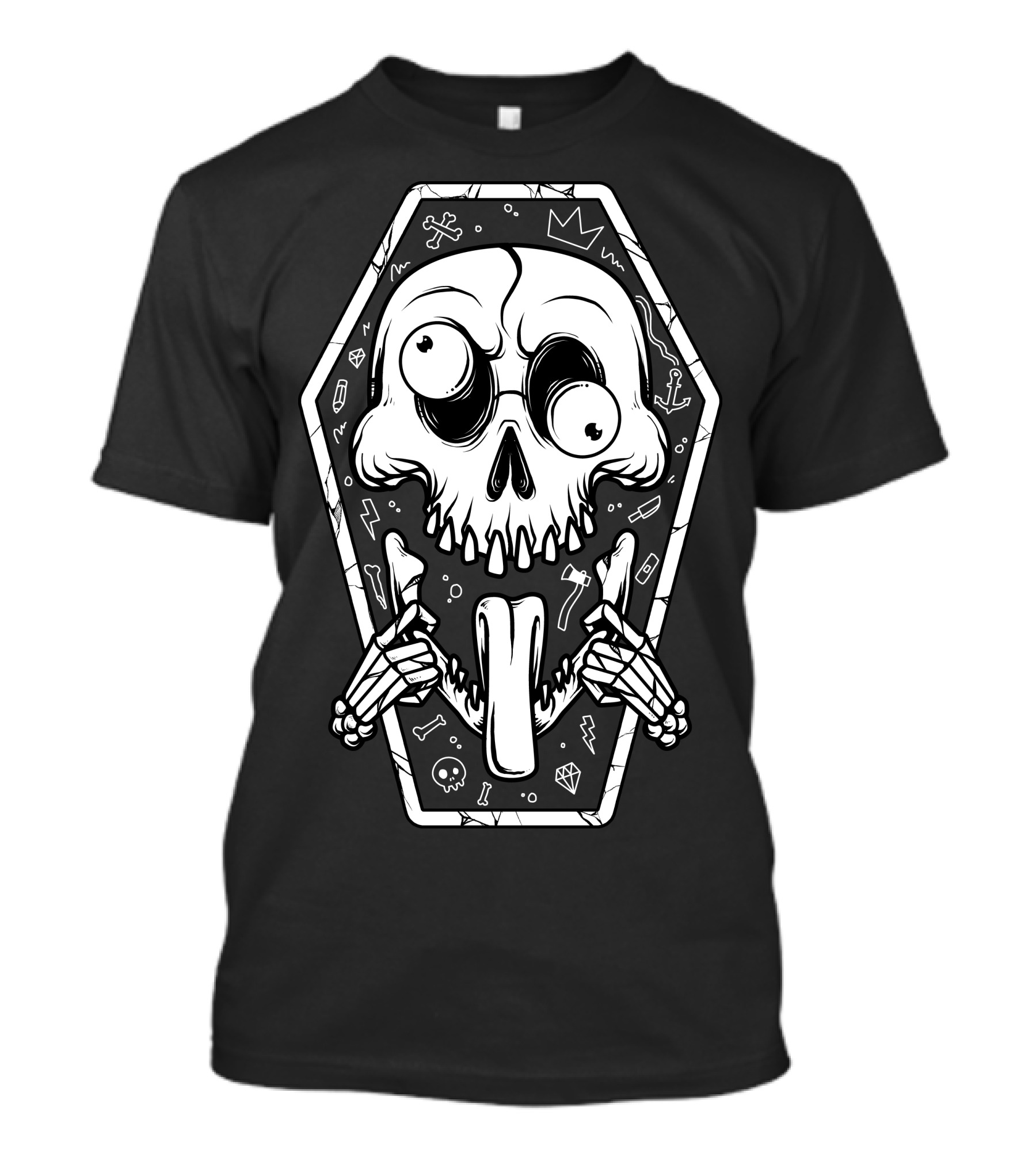 Put Tongue Out Skull In Coffin With Skeleton Hands And Doodles T-Shirt