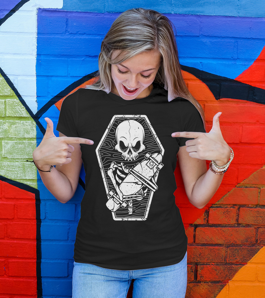 Skate Until The End Skeleton In Coffin With Skateboard T-Shirt