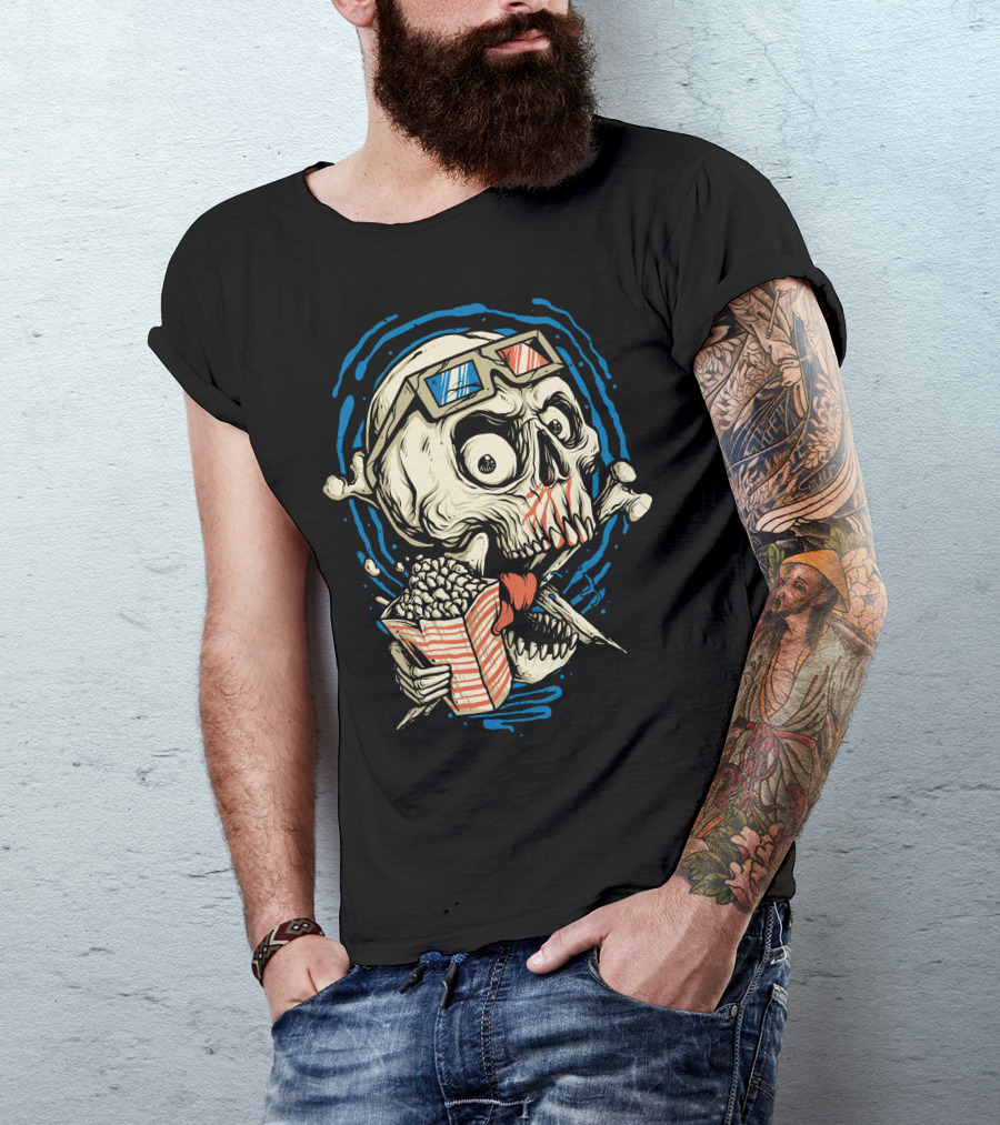 Skull Movie 3D Glasses Popcorn Bones T-Shirt