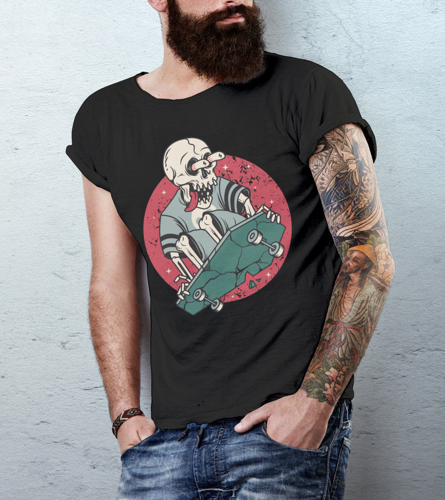 Skullboarding Skeleton Skateboarder With Red Circle Background T-Shirt