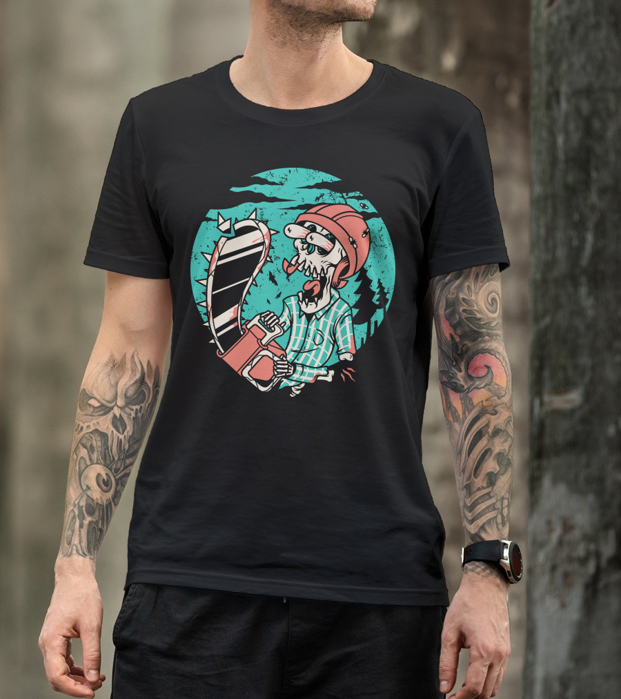 Chainsaw Wielding Skull In Plaid Helmet Adventure T-Shirt