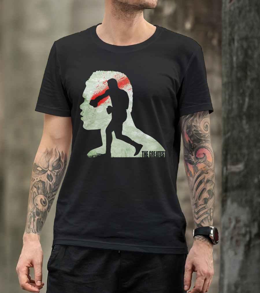 The Greatest Boxer Silhouette With Bold Red And Green Abstract Background T-Shirt