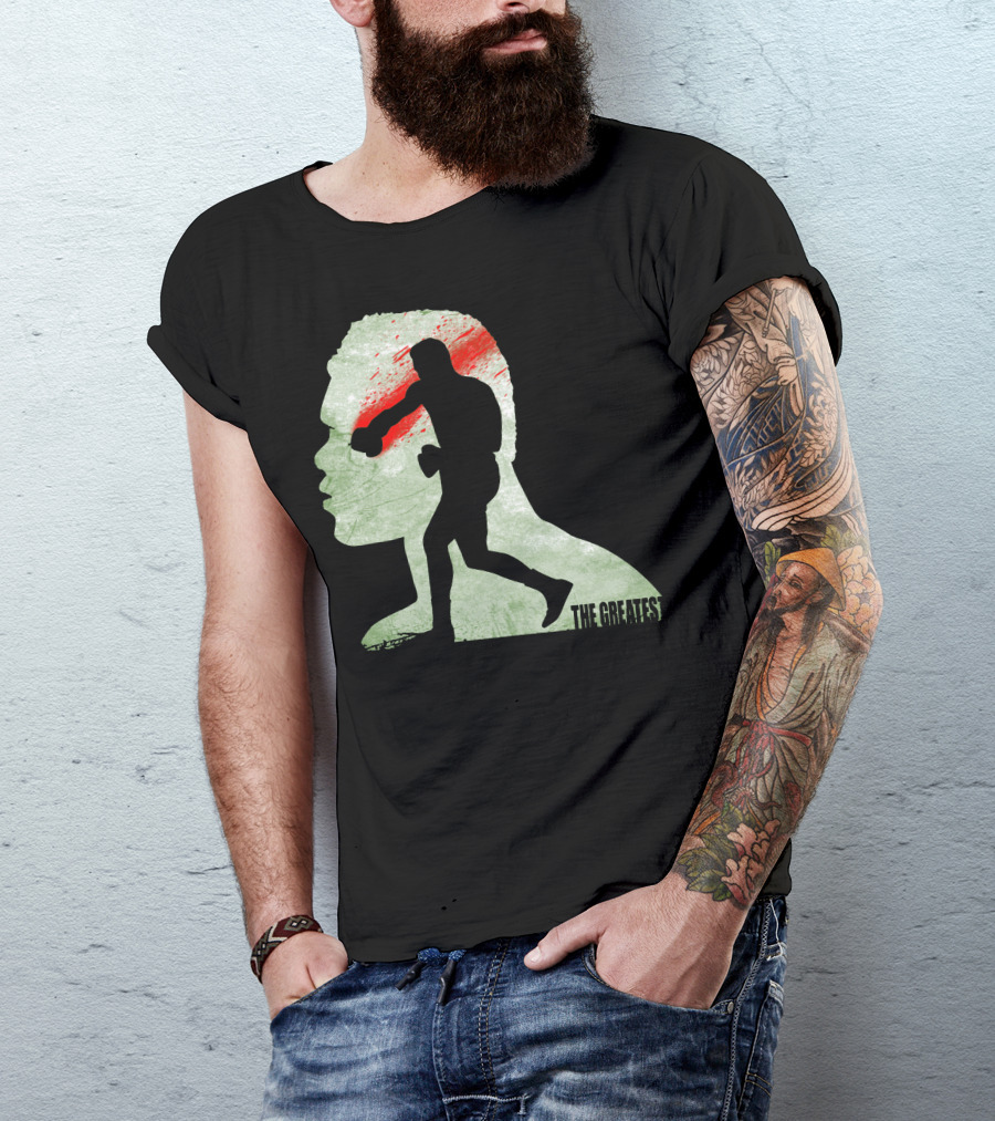 The Greatest Boxer Silhouette With Bold Red And Green Abstract Background T-Shirt