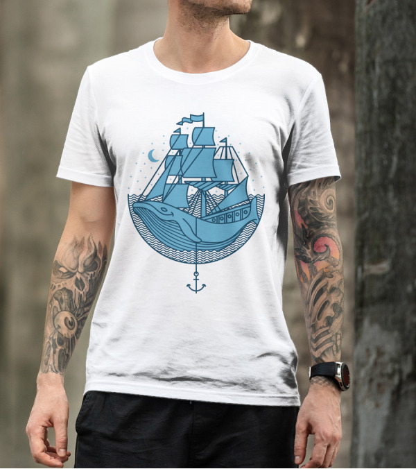 Whaleship Nautical Moonlit Voyage With Anchor And Stars T-Shirt