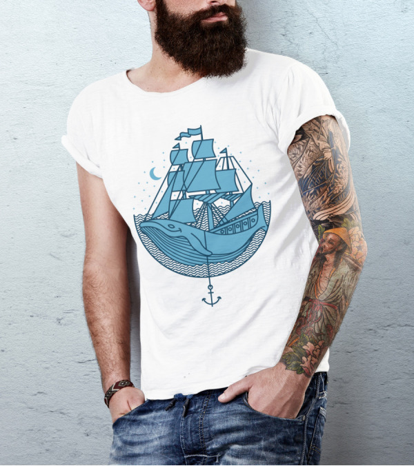 Whaleship Nautical Moonlit Voyage With Anchor And Stars T-Shirt