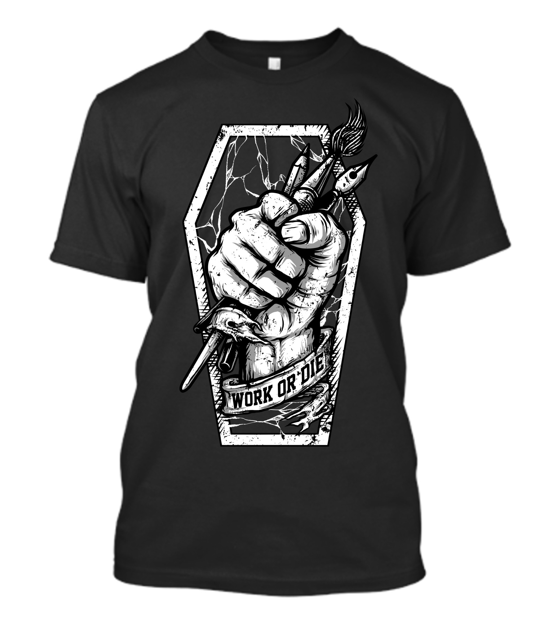Work Or Die Fist With Brush And Knife Inside Coffin Frame T-Shirt