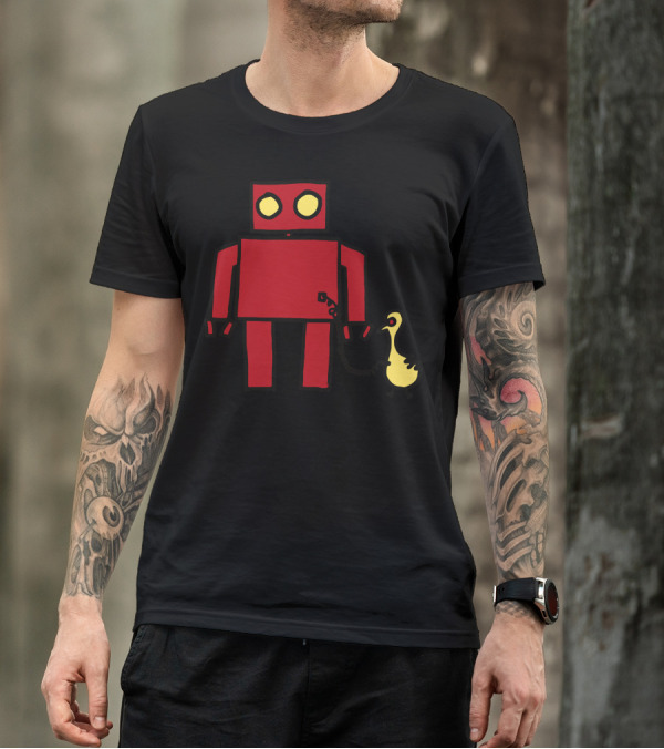 Bird Powered Robot With Red Boxy Character And Yellow Bird Companion T-Shirt