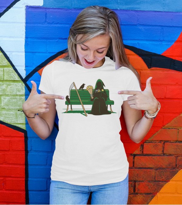 Grim Reaper Holding Bouquet On Park Bench With Crows T-Shirt