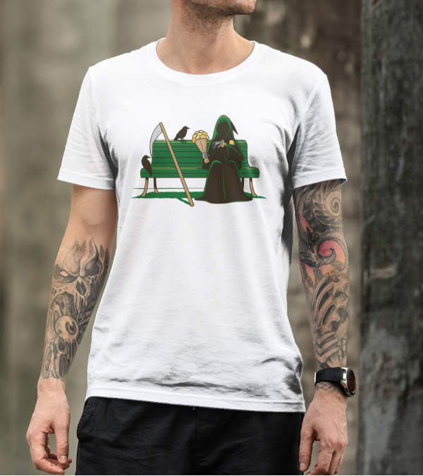 Grim Reaper Holding Bouquet On Park Bench With Crows T-Shirt