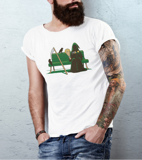 Grim Reaper Holding Bouquet On Park Bench With Crows T-Shirt