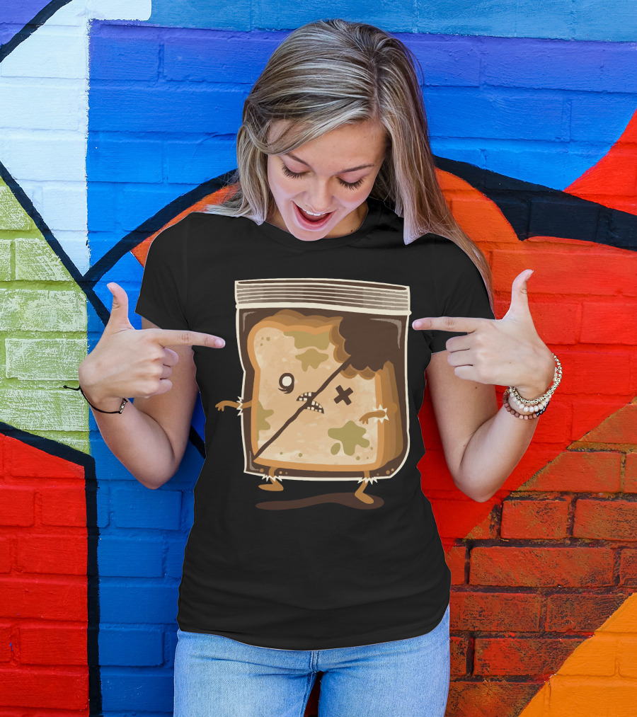 Breaaad Moldy Bread Cartoon With Bite Mark And Angry Face In A Bread Bag T-Shirt