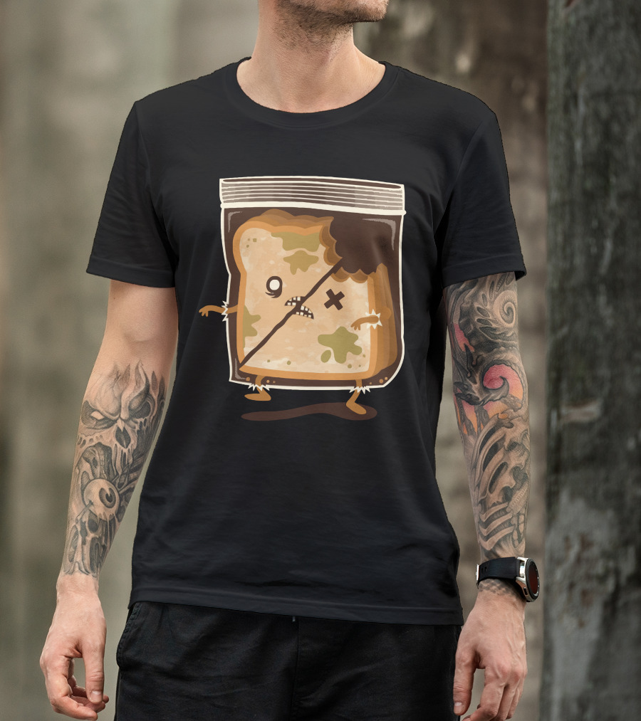 Breaaad Moldy Bread Cartoon With Bite Mark And Angry Face In A Bread Bag T-Shirt