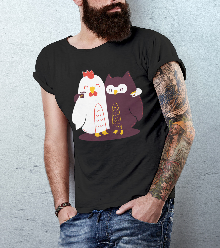 Breakfast Friends Forever Chicken And Owl Coffee Cup McDonald's T-Shirt