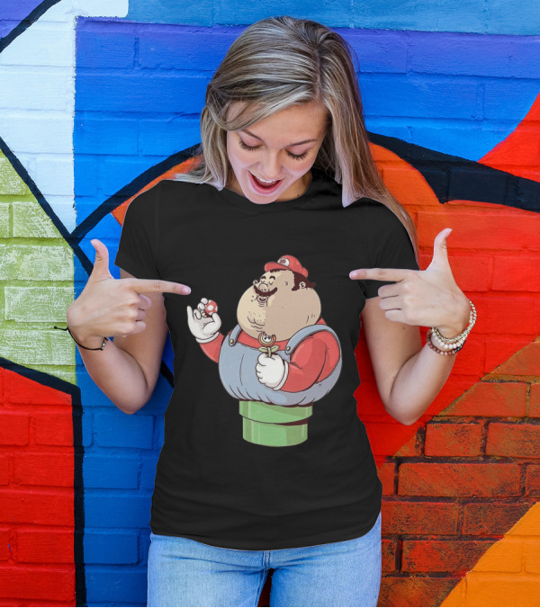 Fat Mario Eating Mushroom From Super Mario Bros Pipe T-Shirt