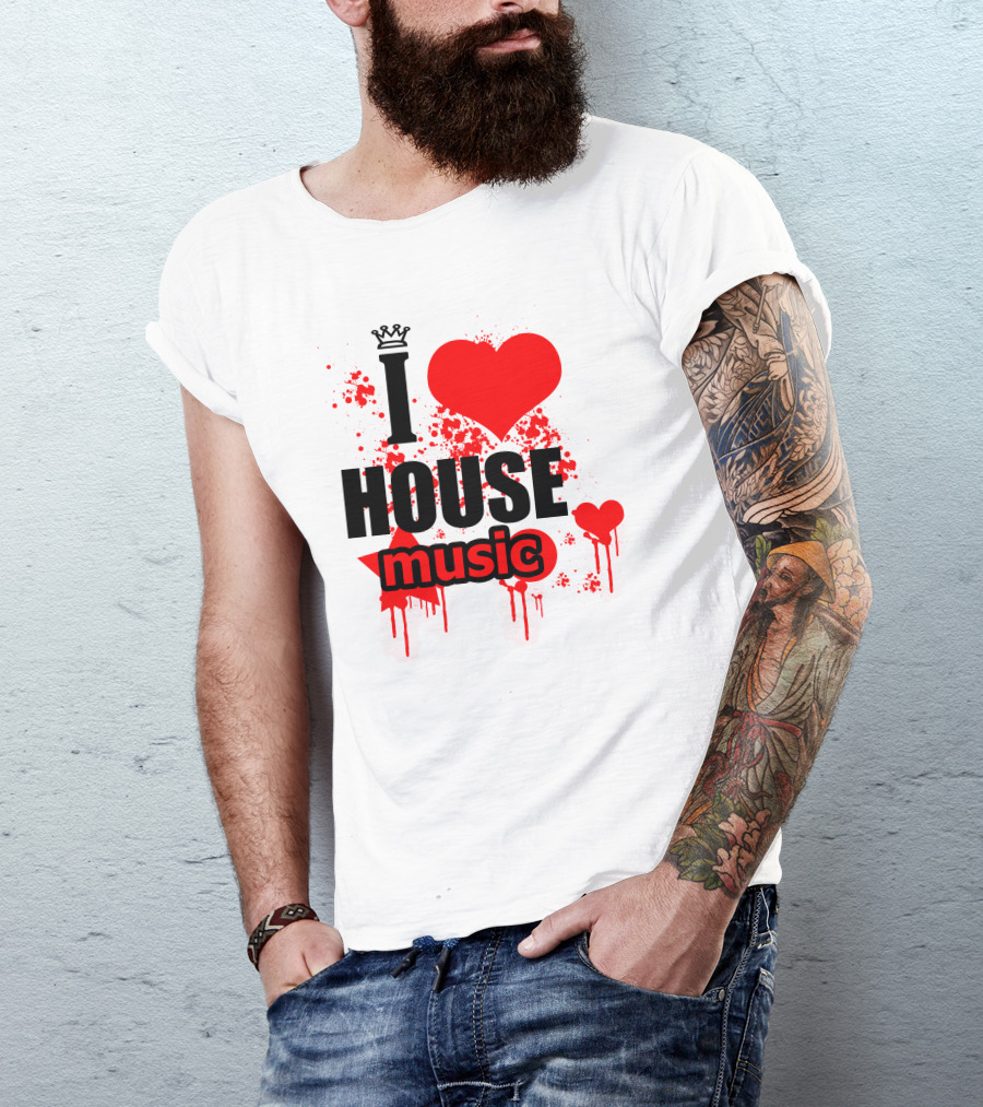 I Love House Music Men Logo3 Red Heart Splatter Crown T-Shirt