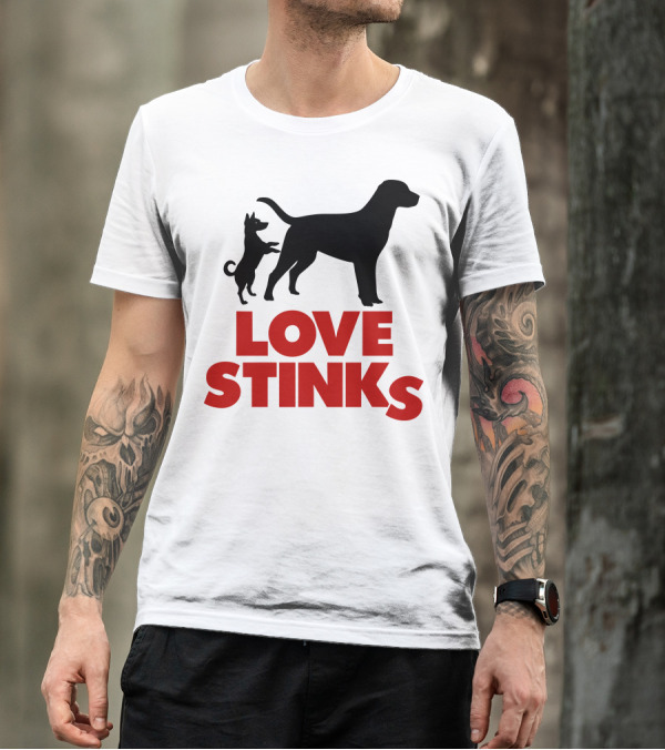 LOVE STINKS Two Dogs Silhouette Black Red Contrast T-Shirt