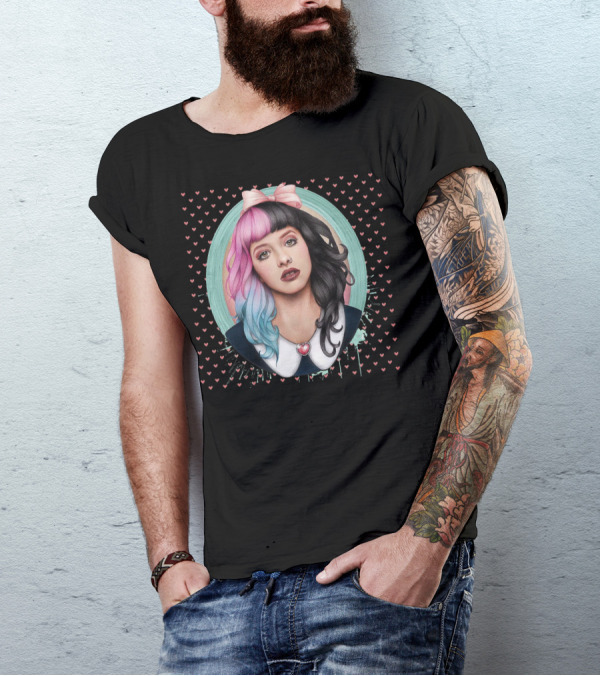 Melanie Martinez Cry Baby Pink And Blue Hair Heart Background T-Shirt