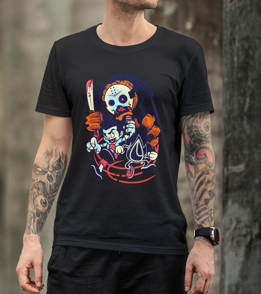Nicola Timor Horror Mashup Chase With Masked Character And Vampire T-Shirt