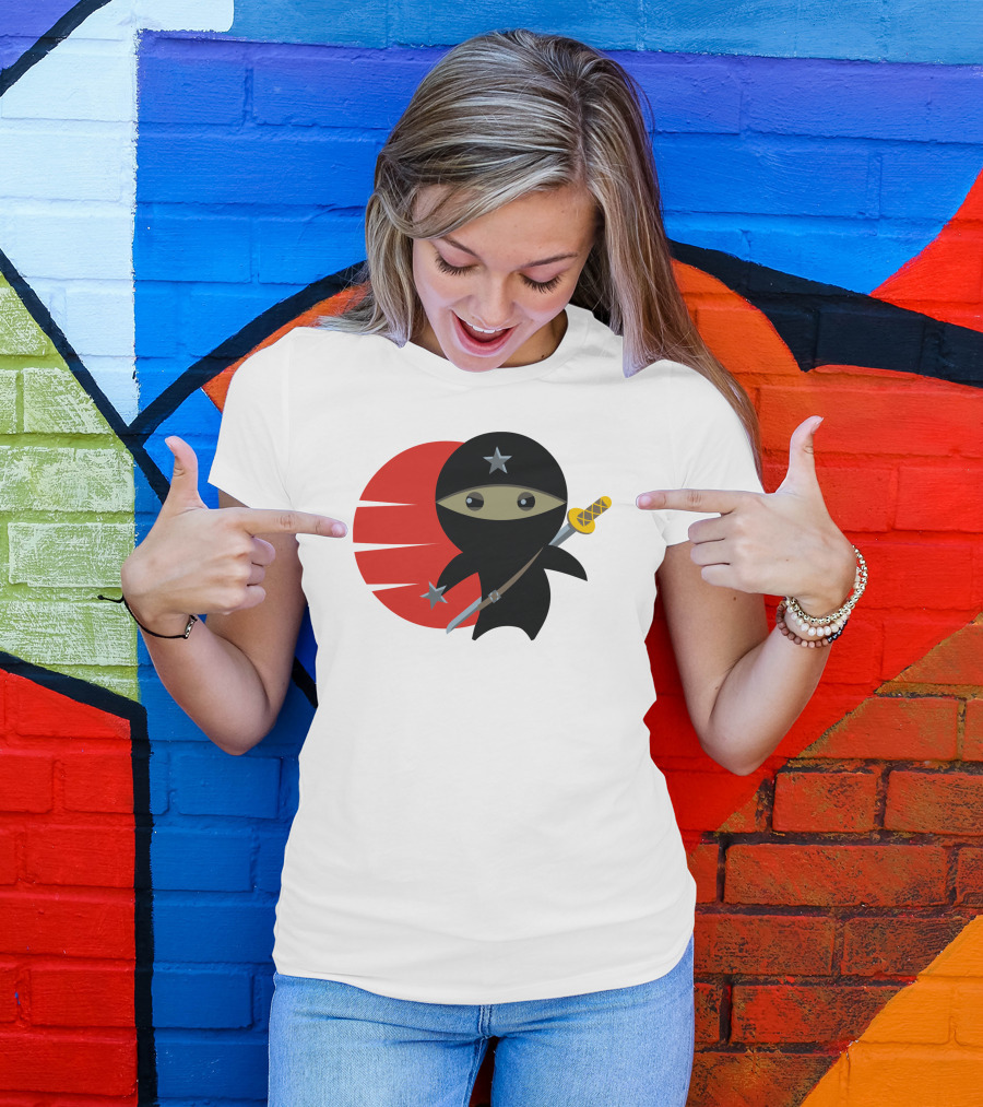 Ninja Star Warrior With Shuriken And Sword In Front Of Red Circle T-Shirt